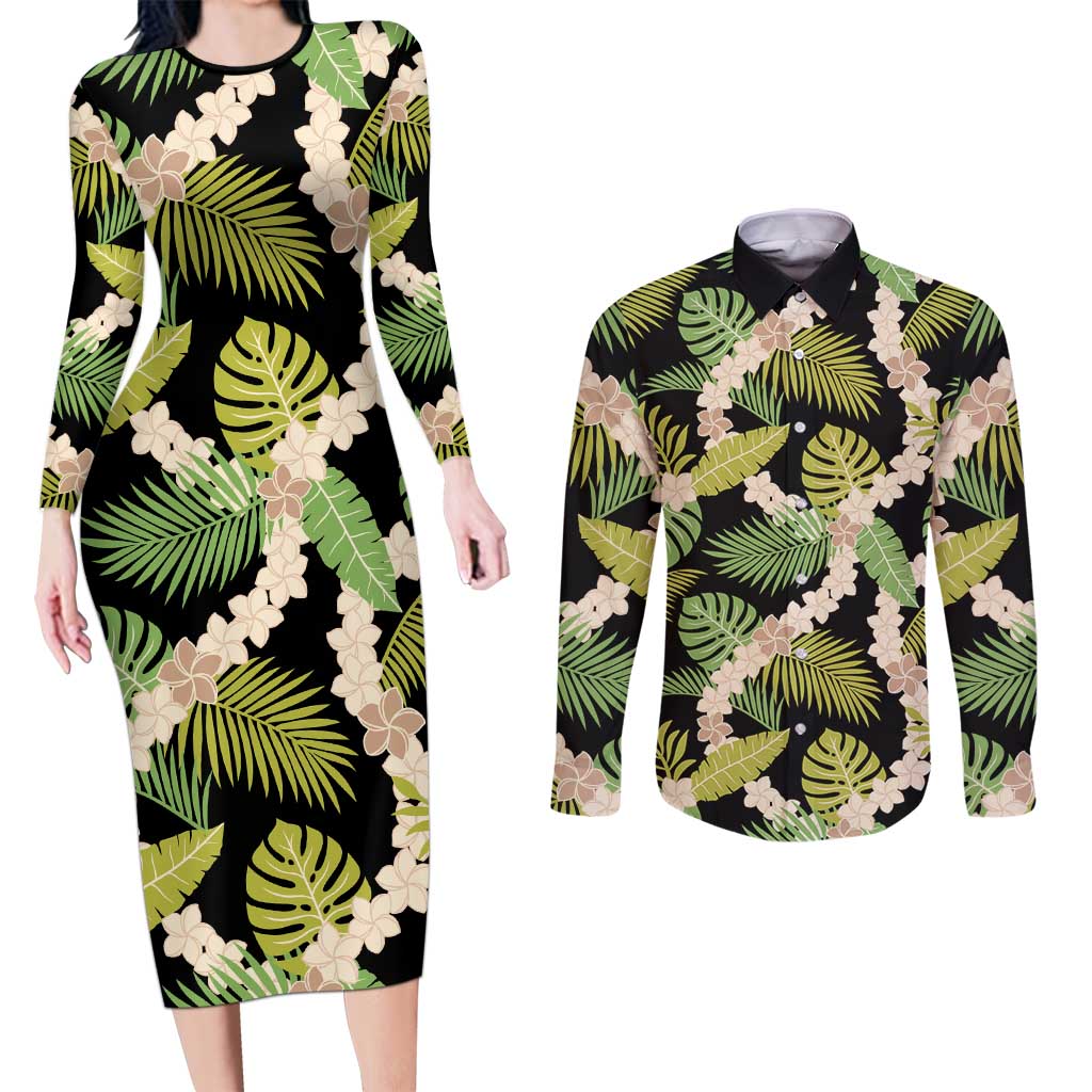 Black Hawaii Plumeria Lei With Tropical Leaves Couples Matching Long Sleeve Bodycon Dress and Long Sleeve Button Shirt LT14 Black - Polynesian Pride