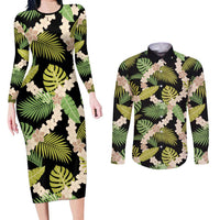 Black Hawaii Plumeria Lei With Tropical Leaves Couples Matching Long Sleeve Bodycon Dress and Long Sleeve Button Shirt LT14 Black - Polynesian Pride