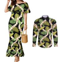 Black Hawaii Plumeria Lei With Tropical Leaves Couples Matching Mermaid Dress and Long Sleeve Button Shirt LT14 Black - Polynesian Pride