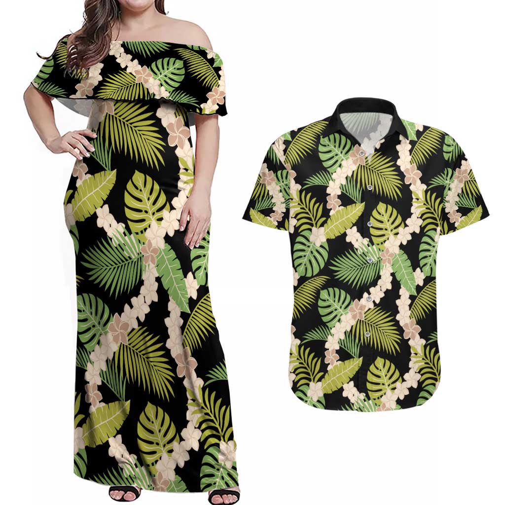 Black Hawaii Plumeria Lei With Tropical Leaves Couples Matching Off Shoulder Maxi Dress and Hawaiian Shirt LT14 Black - Polynesian Pride