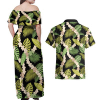 Black Hawaii Plumeria Lei With Tropical Leaves Couples Matching Off Shoulder Maxi Dress and Hawaiian Shirt LT14 - Polynesian Pride