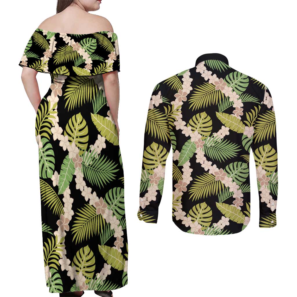 Black Hawaii Plumeria Lei With Tropical Leaves Couples Matching Off Shoulder Maxi Dress and Long Sleeve Button Shirt LT14 - Polynesian Pride