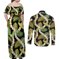 Black Hawaii Plumeria Lei With Tropical Leaves Couples Matching Off Shoulder Maxi Dress and Long Sleeve Button Shirt LT14 - Polynesian Pride