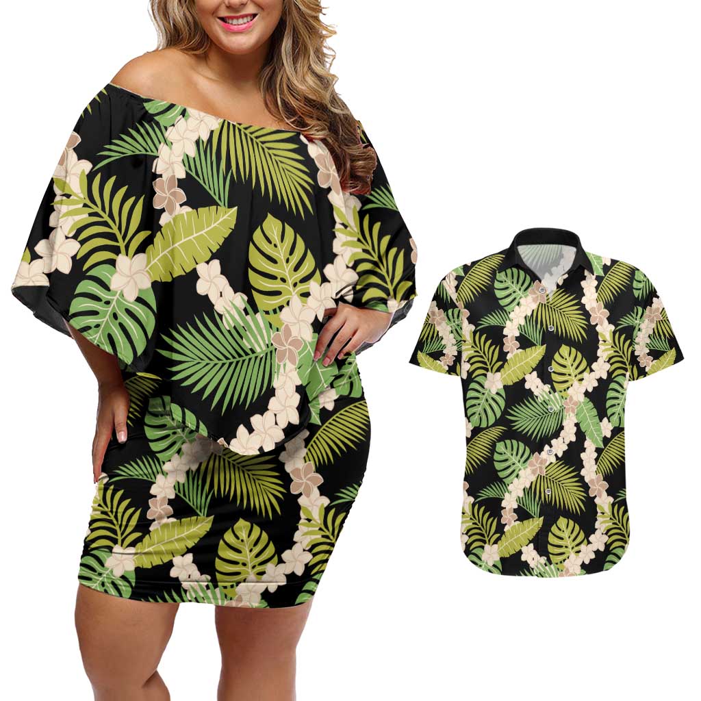 Black Hawaii Plumeria Lei With Tropical Leaves Couples Matching Off Shoulder Short Dress and Hawaiian Shirt LT14 Black - Polynesian Pride