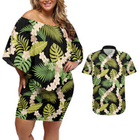 Black Hawaii Plumeria Lei With Tropical Leaves Couples Matching Off Shoulder Short Dress and Hawaiian Shirt LT14 Black - Polynesian Pride