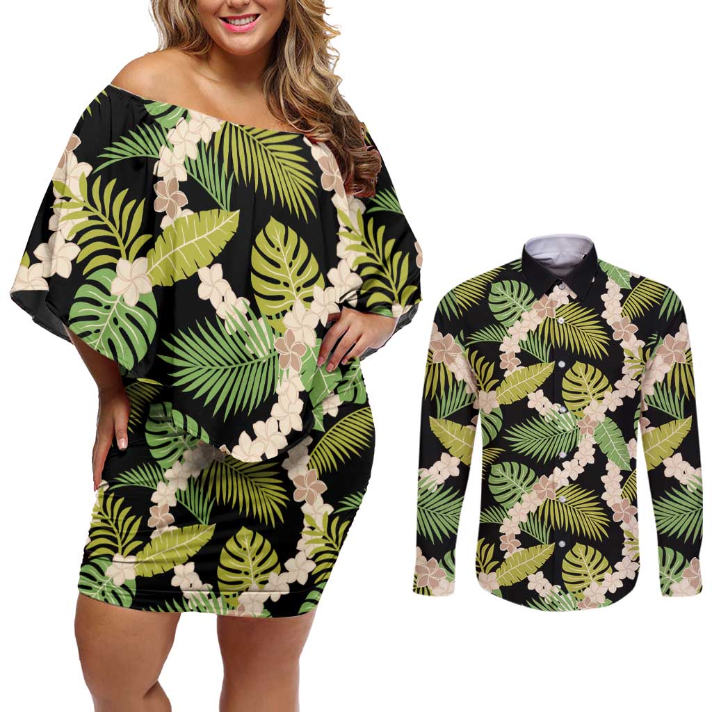 Black Hawaii Plumeria Lei With Tropical Leaves Couples Matching Off Shoulder Short Dress and Long Sleeve Button Shirt LT14 Black - Polynesian Pride