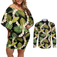 Black Hawaii Plumeria Lei With Tropical Leaves Couples Matching Off Shoulder Short Dress and Long Sleeve Button Shirt LT14 Black - Polynesian Pride