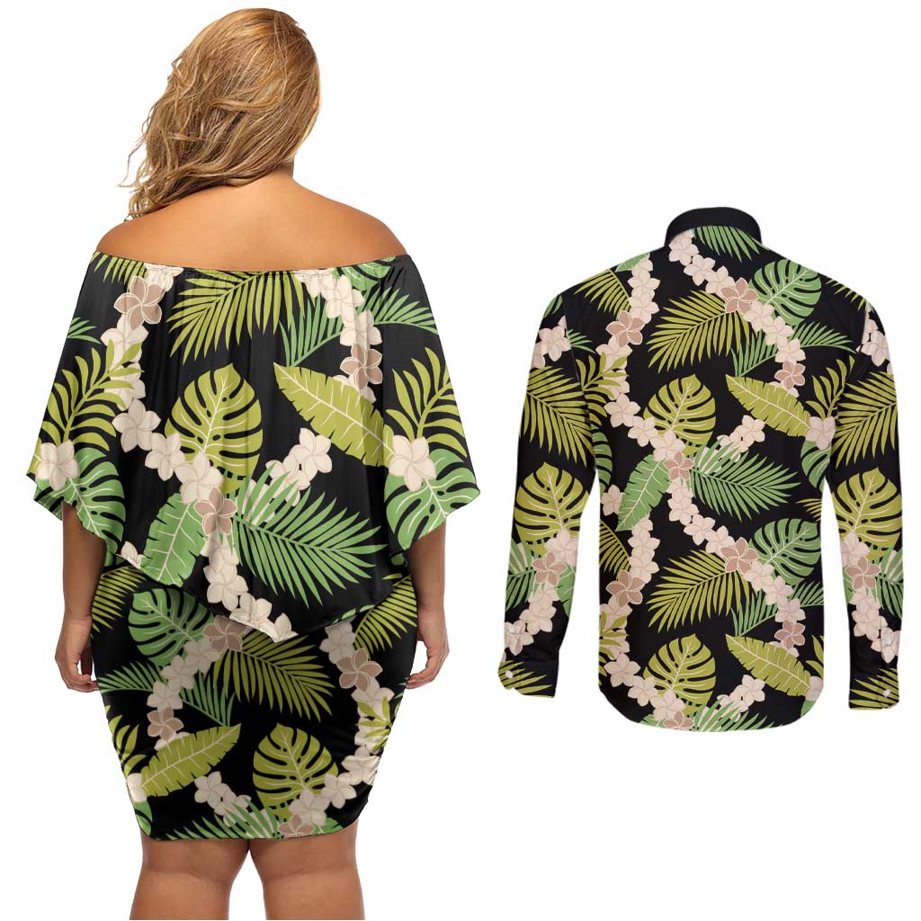 Black Hawaii Plumeria Lei With Tropical Leaves Couples Matching Off Shoulder Short Dress and Long Sleeve Button Shirt LT14 - Polynesian Pride