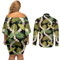 Black Hawaii Plumeria Lei With Tropical Leaves Couples Matching Off Shoulder Short Dress and Long Sleeve Button Shirt LT14 - Polynesian Pride