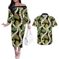 Black Hawaii Plumeria Lei With Tropical Leaves Couples Matching Off The Shoulder Long Sleeve Dress and Hawaiian Shirt LT14 Black - Polynesian Pride