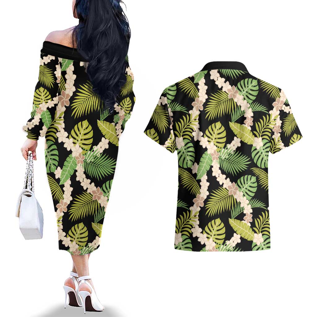 Black Hawaii Plumeria Lei With Tropical Leaves Couples Matching Off The Shoulder Long Sleeve Dress and Hawaiian Shirt LT14 - Polynesian Pride