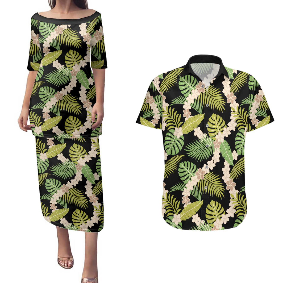 Black Hawaii Plumeria Lei With Tropical Leaves Couples Matching Puletasi and Hawaiian Shirt LT14 Black - Polynesian Pride