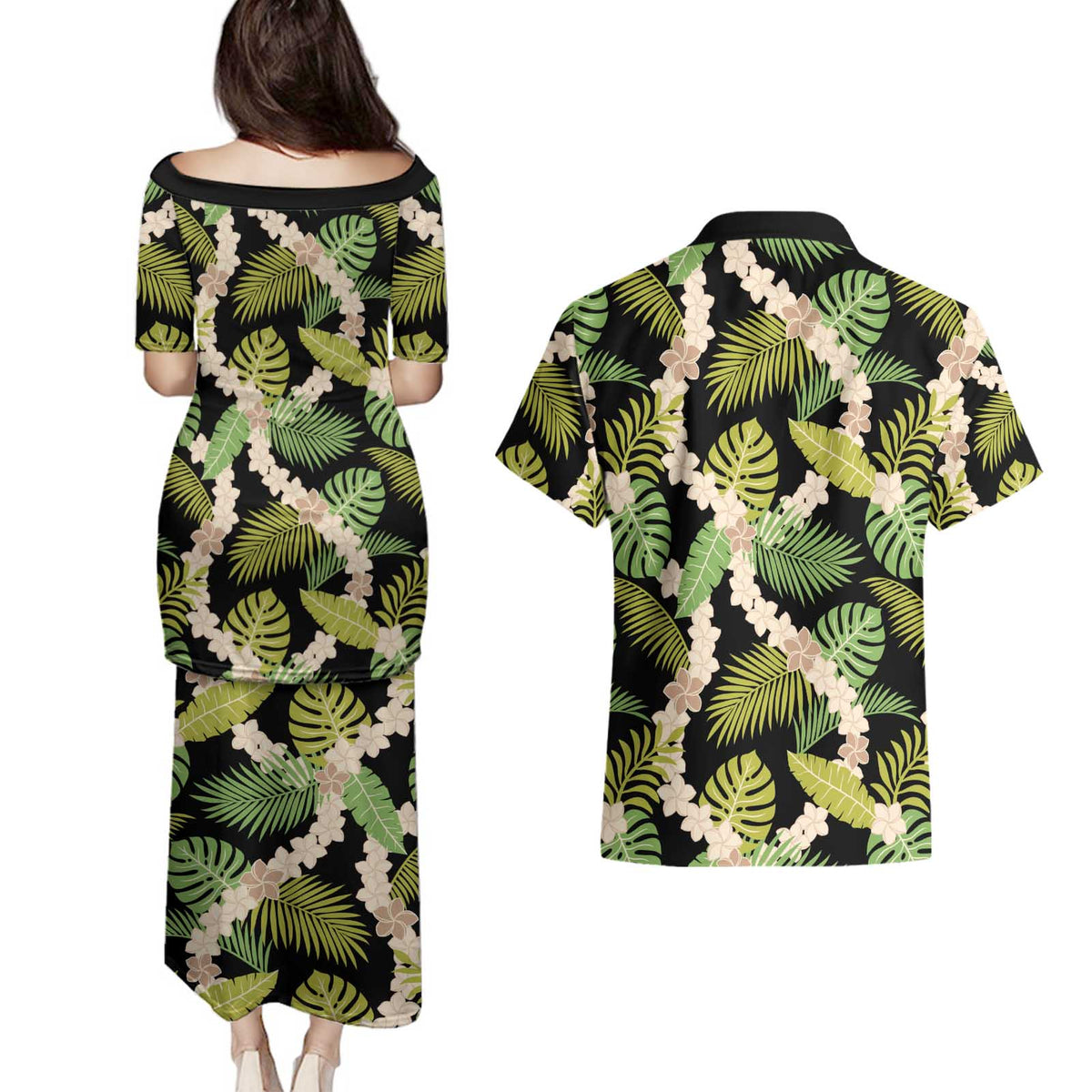Black Hawaii Plumeria Lei With Tropical Leaves Couples Matching Puletasi and Hawaiian Shirt LT14 - Polynesian Pride