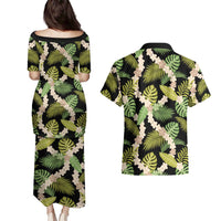 Black Hawaii Plumeria Lei With Tropical Leaves Couples Matching Puletasi and Hawaiian Shirt LT14 - Polynesian Pride