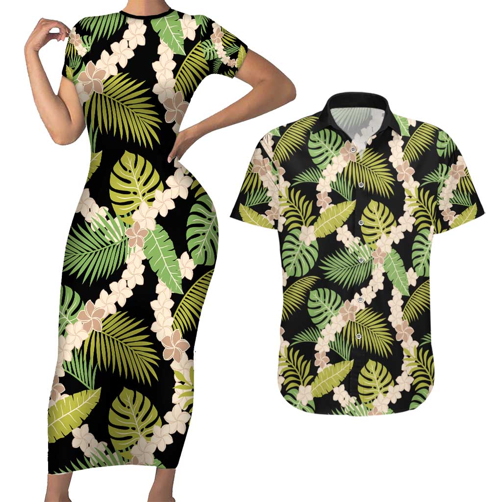 Black Hawaii Plumeria Lei With Tropical Leaves Couples Matching Short Sleeve Bodycon Dress and Hawaiian Shirt LT14 Black - Polynesian Pride