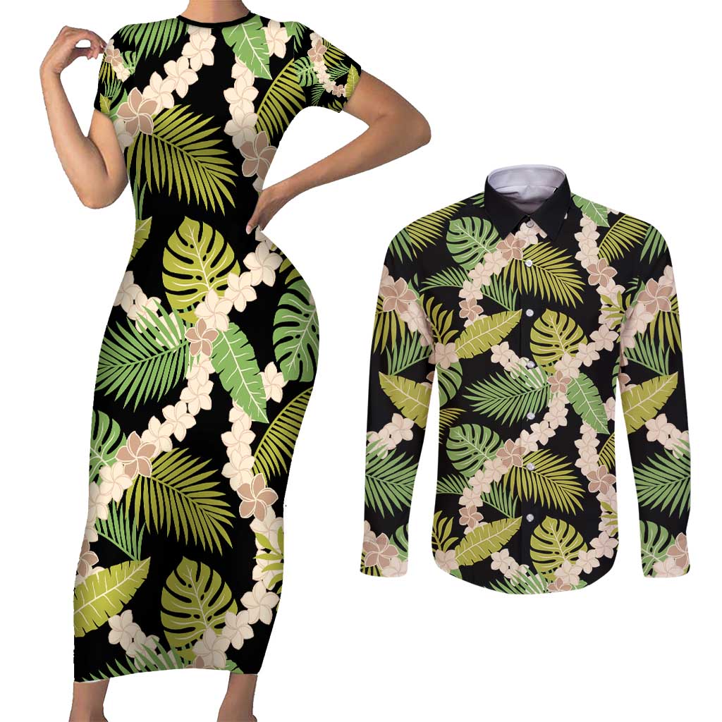 Black Hawaii Plumeria Lei With Tropical Leaves Couples Matching Short Sleeve Bodycon Dress and Long Sleeve Button Shirt LT14 Black - Polynesian Pride