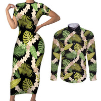 Black Hawaii Plumeria Lei With Tropical Leaves Couples Matching Short Sleeve Bodycon Dress and Long Sleeve Button Shirt LT14 Black - Polynesian Pride