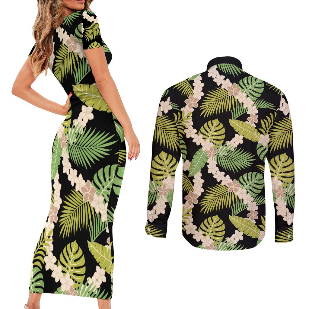 Black Hawaii Plumeria Lei With Tropical Leaves Couples Matching Short Sleeve Bodycon Dress and Long Sleeve Button Shirt LT14 - Polynesian Pride