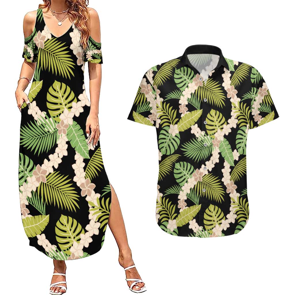 Black Hawaii Plumeria Lei With Tropical Leaves Couples Matching Summer Maxi Dress and Hawaiian Shirt LT14 Black - Polynesian Pride