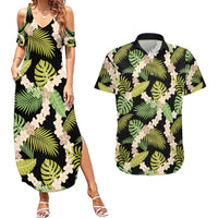 Black Hawaii Plumeria Lei With Tropical Leaves Couples Matching Summer Maxi Dress and Hawaiian Shirt LT14 Black - Polynesian Pride