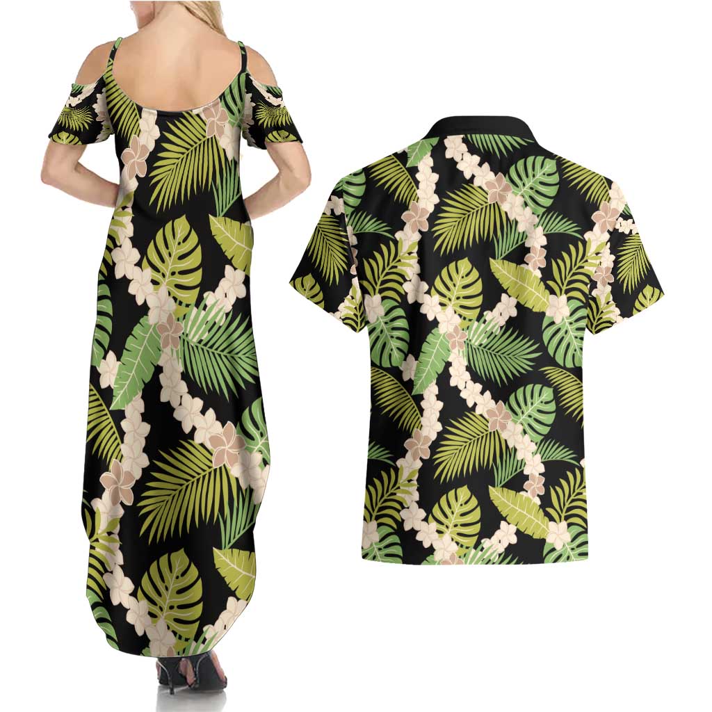 Black Hawaii Plumeria Lei With Tropical Leaves Couples Matching Summer Maxi Dress and Hawaiian Shirt LT14 - Polynesian Pride