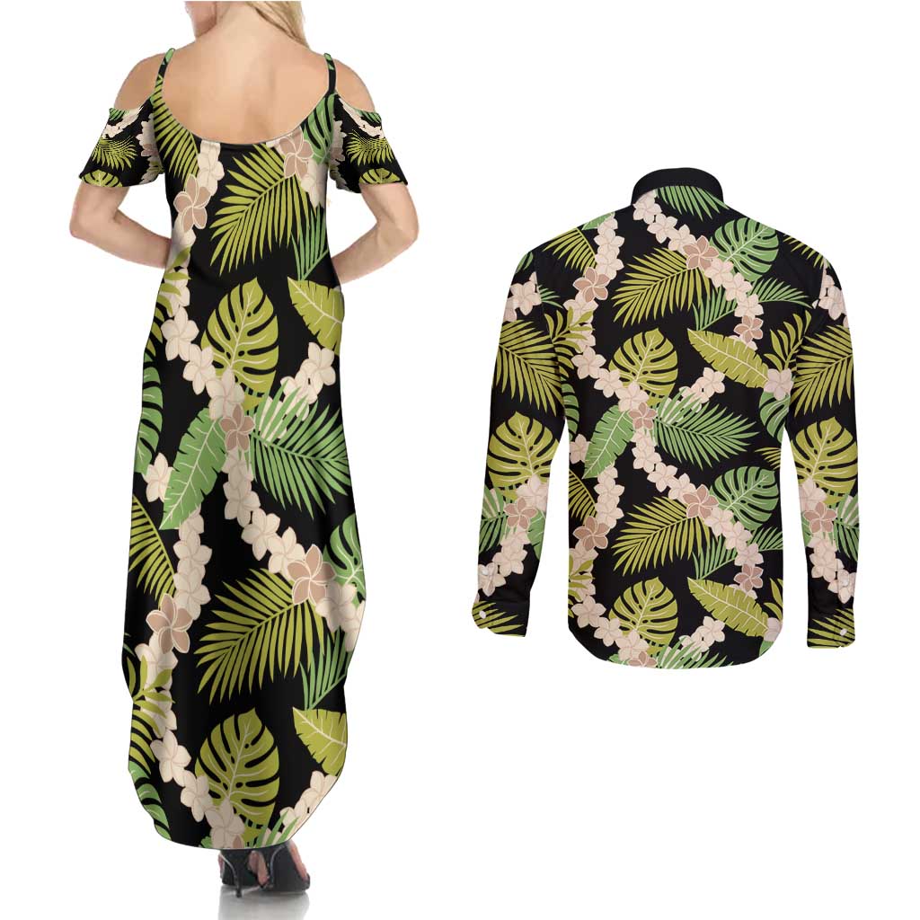 Black Hawaii Plumeria Lei With Tropical Leaves Couples Matching Summer Maxi Dress and Long Sleeve Button Shirt LT14 - Polynesian Pride