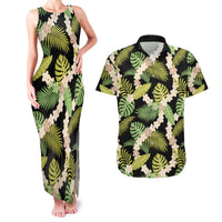 Black Hawaii Plumeria Lei With Tropical Leaves Couples Matching Tank Maxi Dress and Hawaiian Shirt LT14 Black - Polynesian Pride