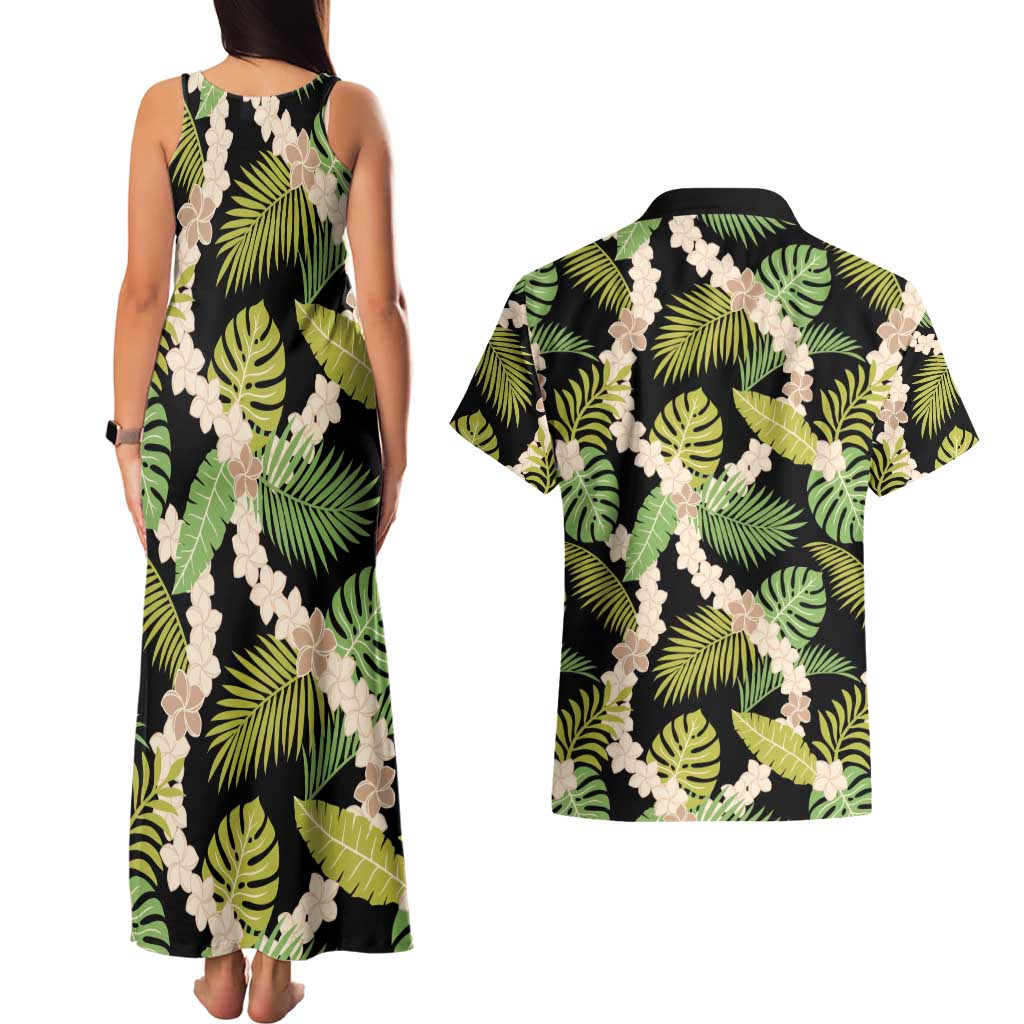 Black Hawaii Plumeria Lei With Tropical Leaves Couples Matching Tank Maxi Dress and Hawaiian Shirt LT14 - Polynesian Pride