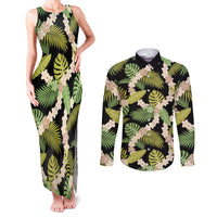 Black Hawaii Plumeria Lei With Tropical Leaves Couples Matching Tank Maxi Dress and Long Sleeve Button Shirt LT14 Black - Polynesian Pride