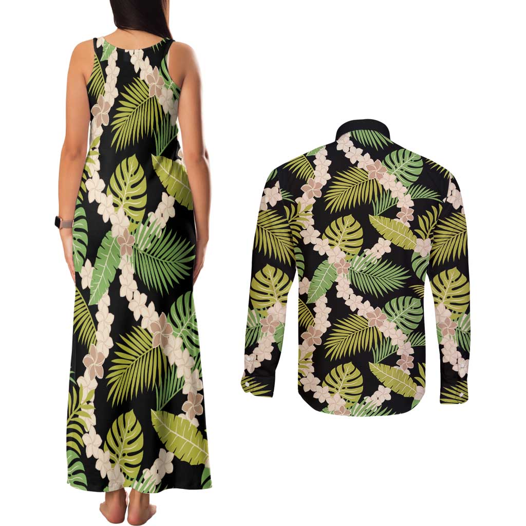 Black Hawaii Plumeria Lei With Tropical Leaves Couples Matching Tank Maxi Dress and Long Sleeve Button Shirt LT14 - Polynesian Pride