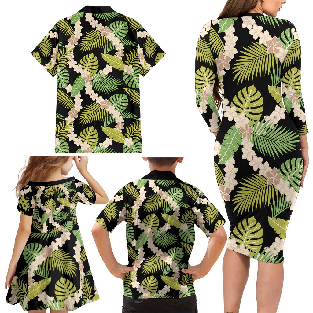 Black Hawaii Plumeria Lei With Tropical Leaves Family Matching Long Sleeve Bodycon Dress and Hawaiian Shirt LT14 - Polynesian Pride