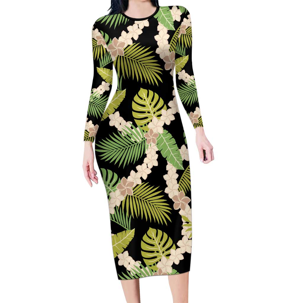 Black Hawaii Plumeria Lei With Tropical Leaves Family Matching Long Sleeve Bodycon Dress and Hawaiian Shirt LT14 Mom's Dress Black - Polynesian Pride
