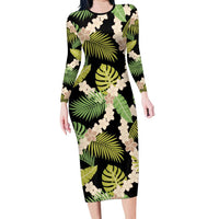 Black Hawaii Plumeria Lei With Tropical Leaves Family Matching Long Sleeve Bodycon Dress and Hawaiian Shirt LT14 Mom's Dress Black - Polynesian Pride