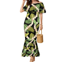 Black Hawaii Plumeria Lei With Tropical Leaves Family Matching Mermaid Dress and Hawaiian Shirt LT14 Mom's Dress Black - Polynesian Pride