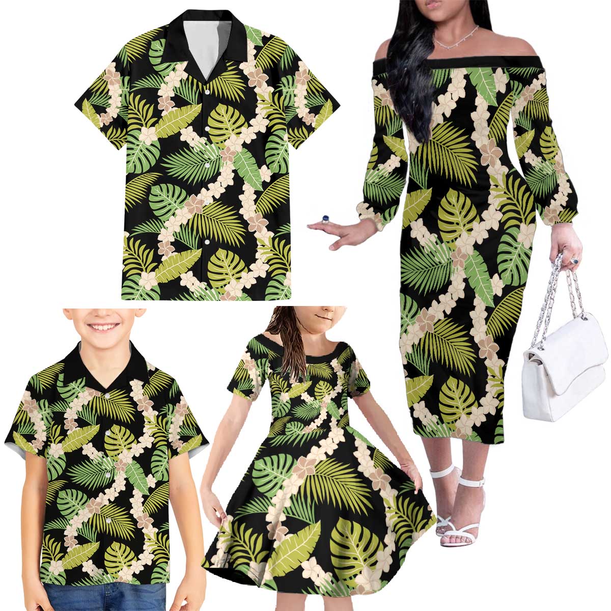 Black Hawaii Plumeria Lei With Tropical Leaves Family Matching Off The Shoulder Long Sleeve Dress and Hawaiian Shirt LT14 - Polynesian Pride