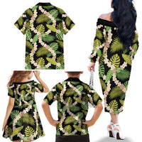 Black Hawaii Plumeria Lei With Tropical Leaves Family Matching Off The Shoulder Long Sleeve Dress and Hawaiian Shirt LT14 - Polynesian Pride