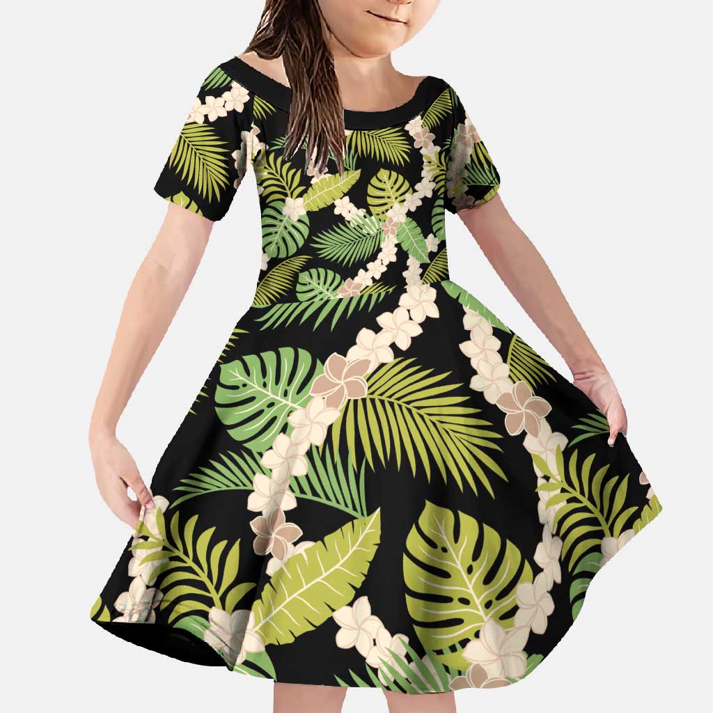 Black Hawaii Plumeria Lei With Tropical Leaves Family Matching Off Shoulder Maxi Dress and Hawaiian Shirt LT14 Daughter's Dress Black - Polynesian Pride