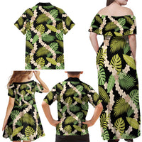Black Hawaii Plumeria Lei With Tropical Leaves Family Matching Off Shoulder Maxi Dress and Hawaiian Shirt LT14 - Polynesian Pride