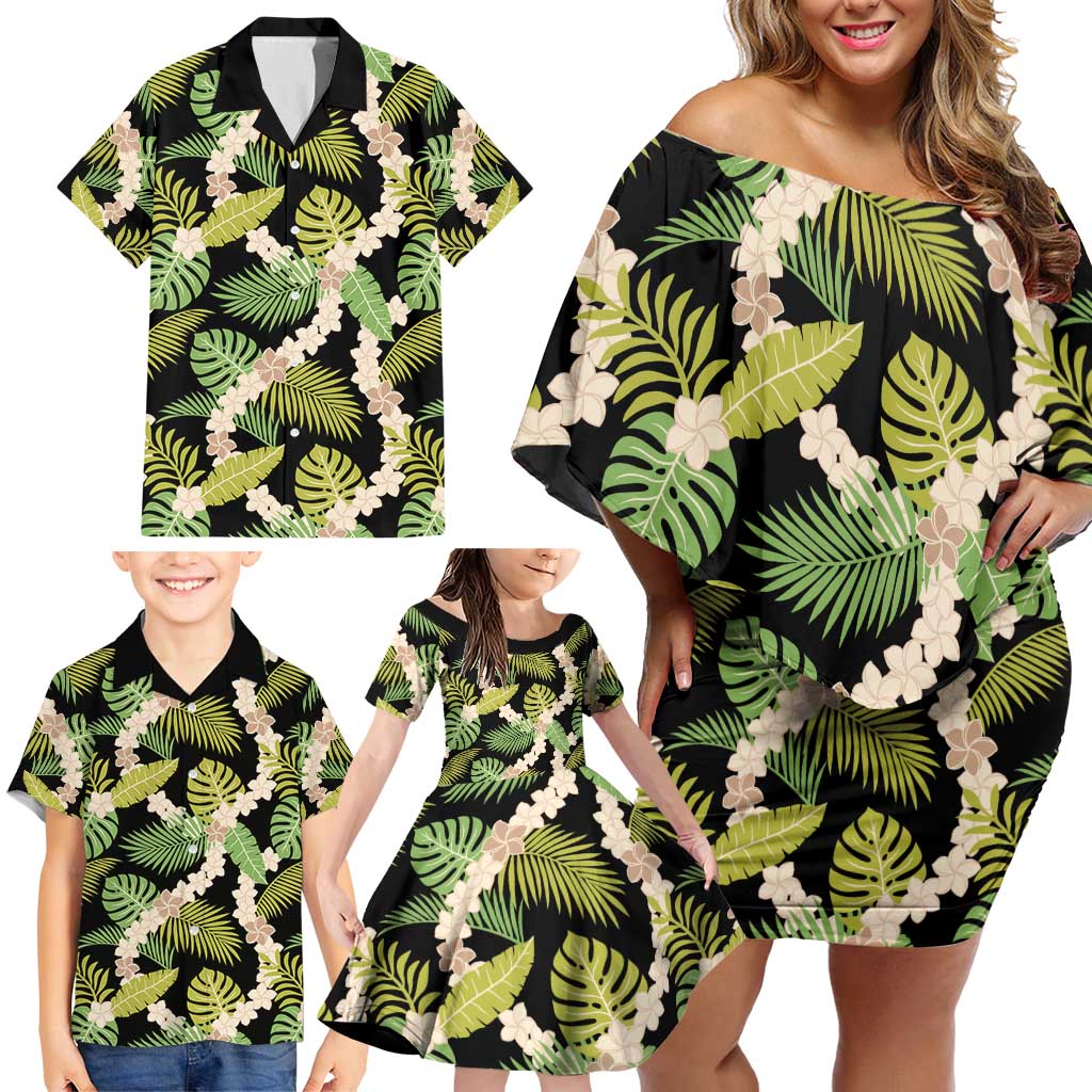 Black Hawaii Plumeria Lei With Tropical Leaves Family Matching Off Shoulder Short Dress and Hawaiian Shirt LT14 - Polynesian Pride
