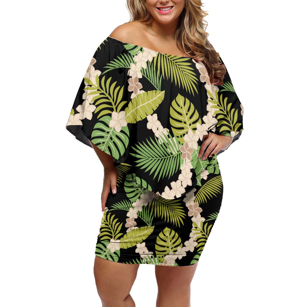 Black Hawaii Plumeria Lei With Tropical Leaves Family Matching Off Shoulder Short Dress and Hawaiian Shirt LT14 Mom's Dress Black - Polynesian Pride
