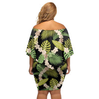 Black Hawaii Plumeria Lei With Tropical Leaves Family Matching Off Shoulder Short Dress and Hawaiian Shirt LT14 - Polynesian Pride