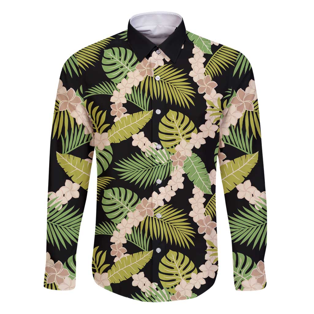 Black Hawaii Plumeria Lei With Tropical Leaves Family Matching Puletasi and Hawaiian Shirt LT14 Dad's Shirt - Long Sleeve Black - Polynesian Pride