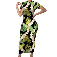 Black Hawaii Plumeria Lei With Tropical Leaves Family Matching Short Sleeve Bodycon Dress and Hawaiian Shirt LT14 Mom's Dress Black - Polynesian Pride