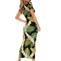 Black Hawaii Plumeria Lei With Tropical Leaves Family Matching Short Sleeve Bodycon Dress and Hawaiian Shirt LT14 - Polynesian Pride