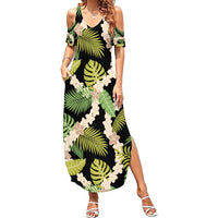 Black Hawaii Plumeria Lei With Tropical Leaves Family Matching Summer Maxi Dress and Hawaiian Shirt LT14 Mom's Dress Black - Polynesian Pride