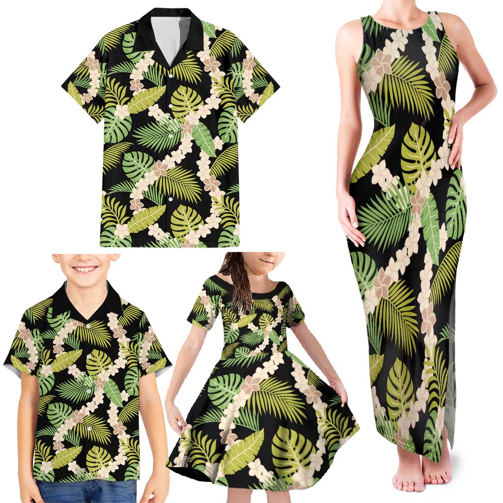 Black Hawaii Plumeria Lei With Tropical Leaves Family Matching Tank Maxi Dress and Hawaiian Shirt LT14 - Polynesian Pride