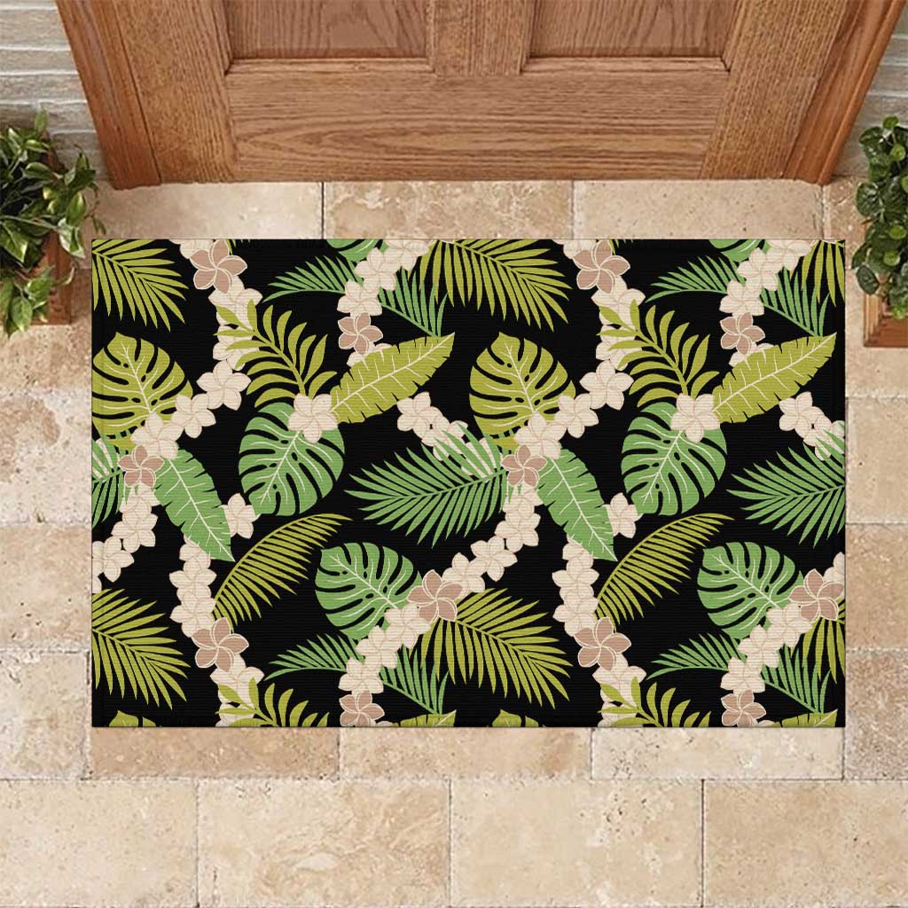 Black Hawaii Plumeria Lei With Tropical Leaves Rubber Doormat LT14 Black - Polynesian Pride