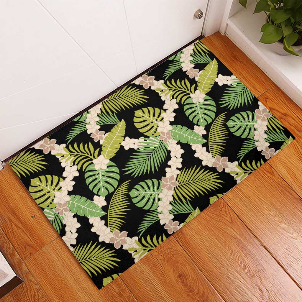 Black Hawaii Plumeria Lei With Tropical Leaves Rubber Doormat LT14 - Polynesian Pride