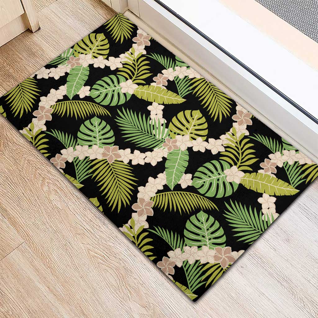 Black Hawaii Plumeria Lei With Tropical Leaves Rubber Doormat LT14 - Polynesian Pride