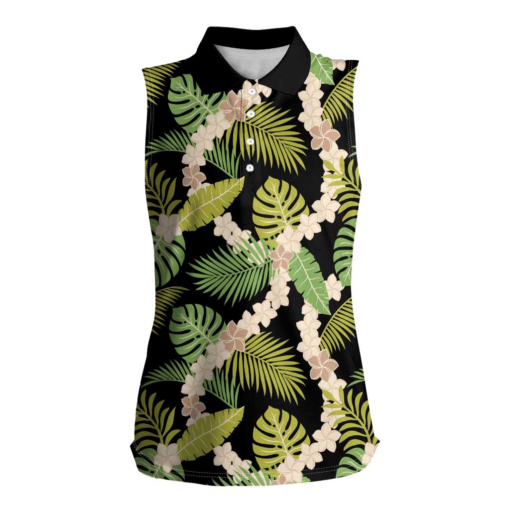 Black Hawaii Plumeria Lei With Tropical Leaves Women Sleeveless Polo Shirt LT14 Female Black - Polynesian Pride